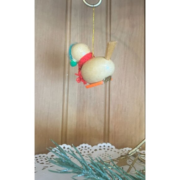 Vintage 1980 Dakin Wooden Duck Christmas Ornament Red Scarf Green Earmuffs - Picture 2 of 4